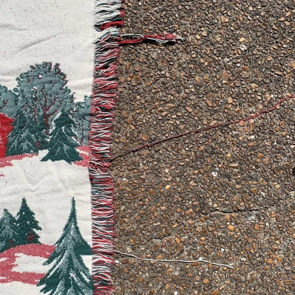 Vintage Winter Scene Holiday Fringe Woven Tapestry Throw Blanket